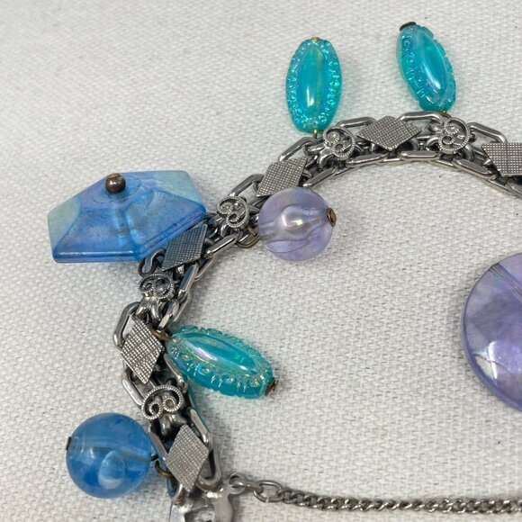 Vintage Bead Charm Bracelet Iridescent Blue Purple Dangle Fun Girly Retro - Picture 5 of 10
